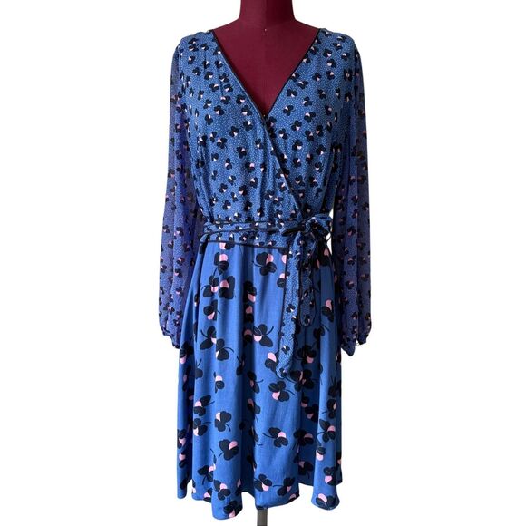 Boden Eden Wrap Dress size 12 Blue Long Sleeve Floral - Picture 3 of 15